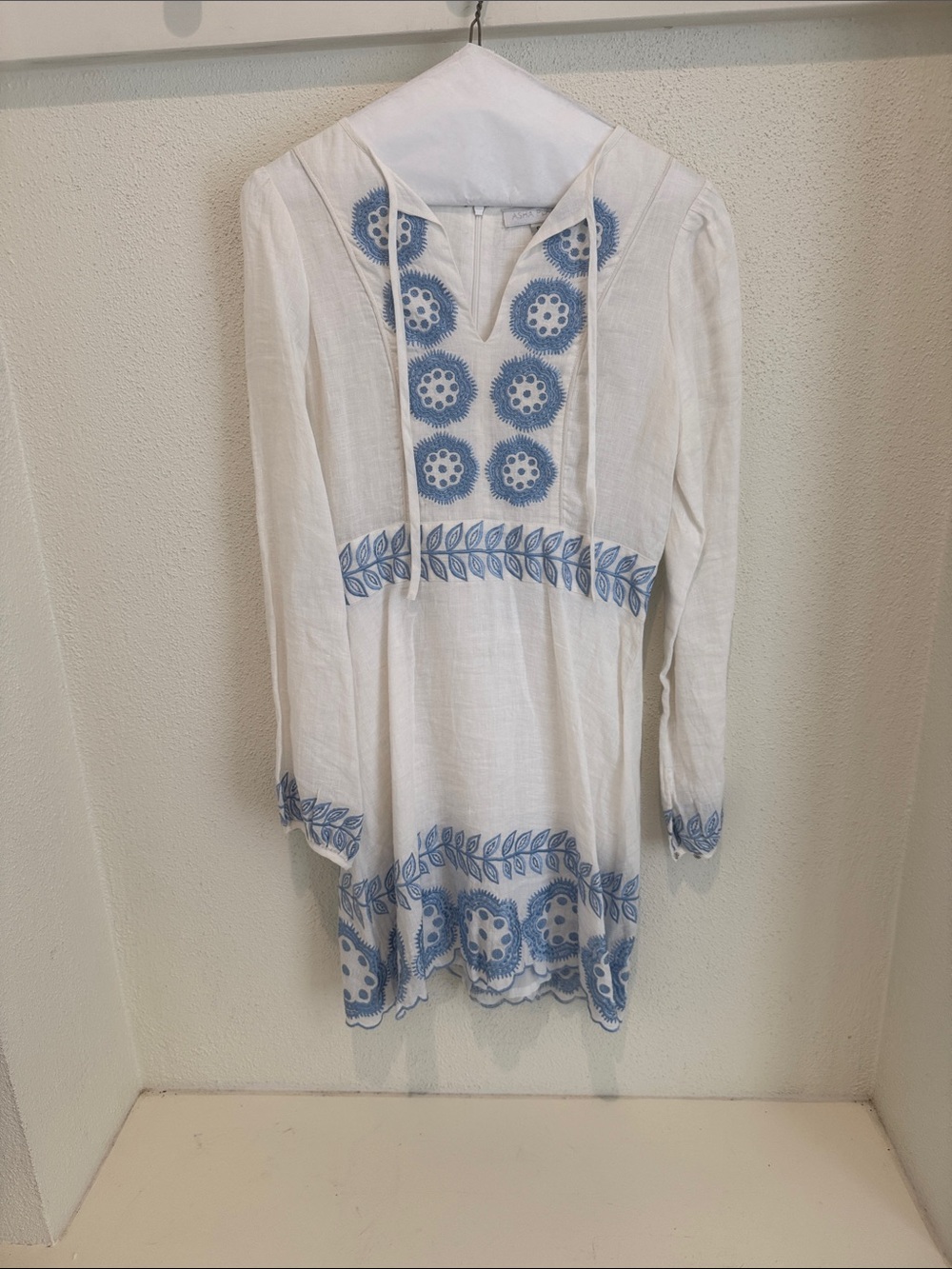 White Mini Dress with Blue Embroidered Detail